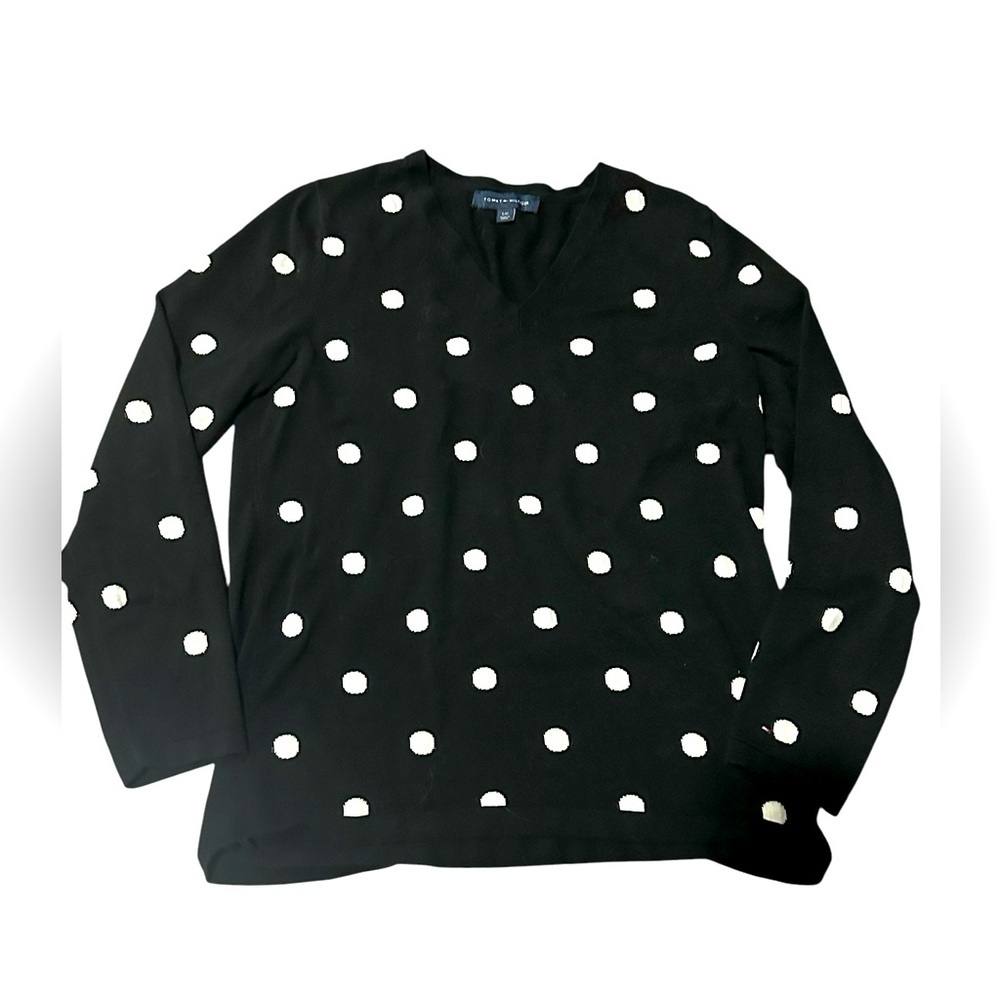 Tommy Hilfiger polka dot, vneck sweater, sz L, cotton, black/white